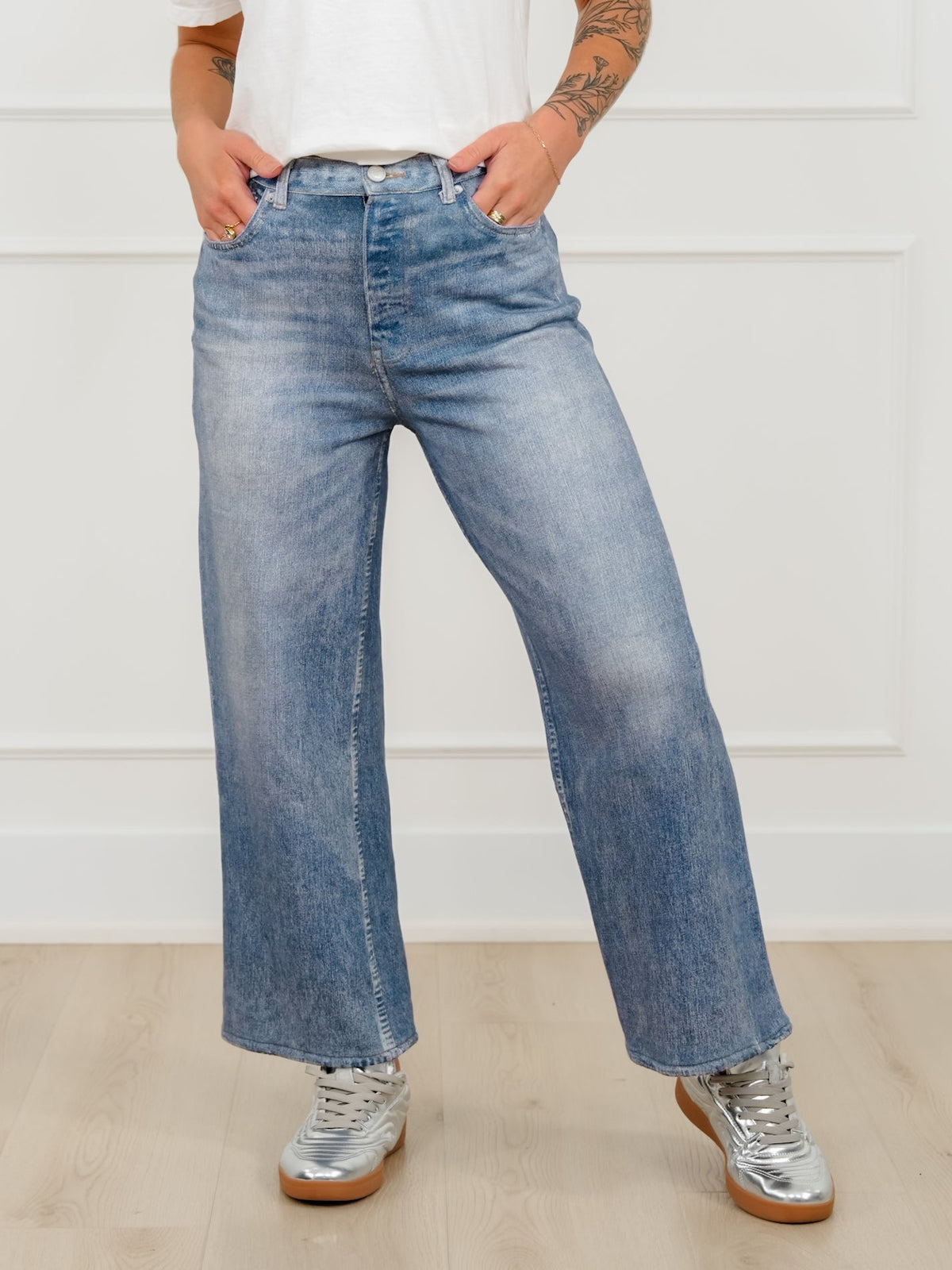 Medium Wash High Rise Straight Leg French Terry Jeans - Freckled Poppy