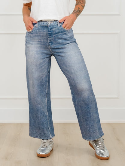 Medium Wash High Rise Straight Leg French Terry Jeans - Freckled Poppy
