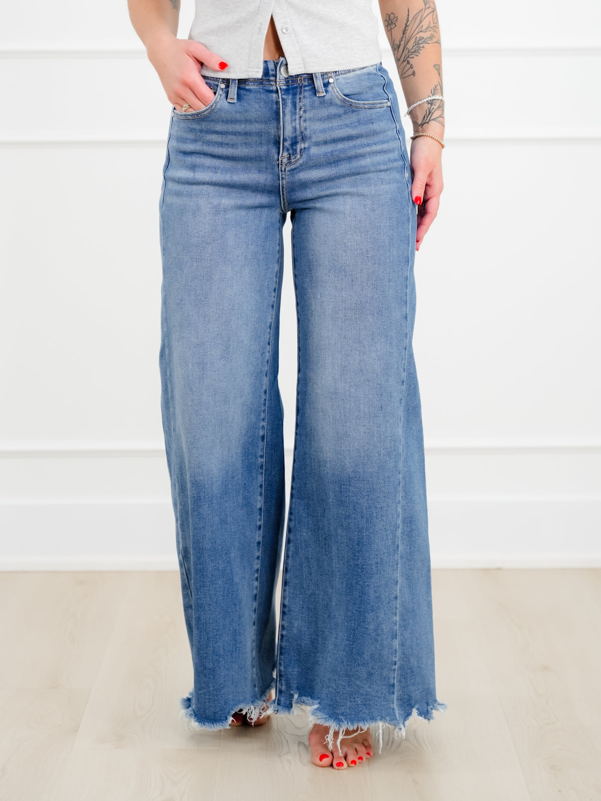 Risen High Rise Medium Wash Wide Leg Jeans - Freckled Poppy
