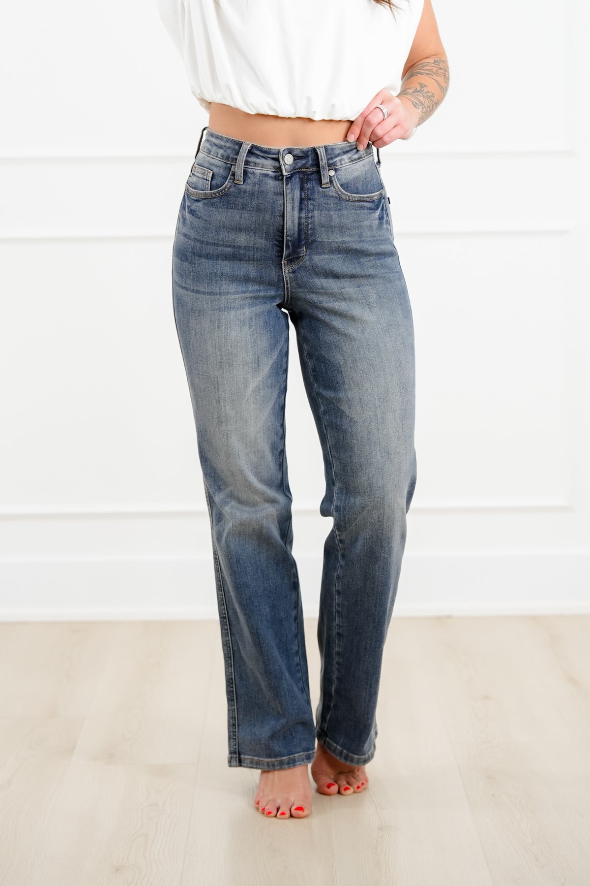 Judy Blue Keeping it Straight High Rise Medium Wash Tummy Control Straight Leg Jeans - Freckled Poppy