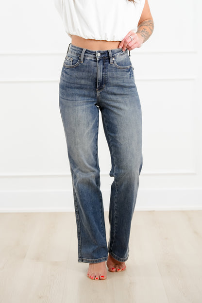 Judy Blue Keeping it Straight High Rise Medium Wash Tummy Control Straight Leg Jeans - Freckled Poppy