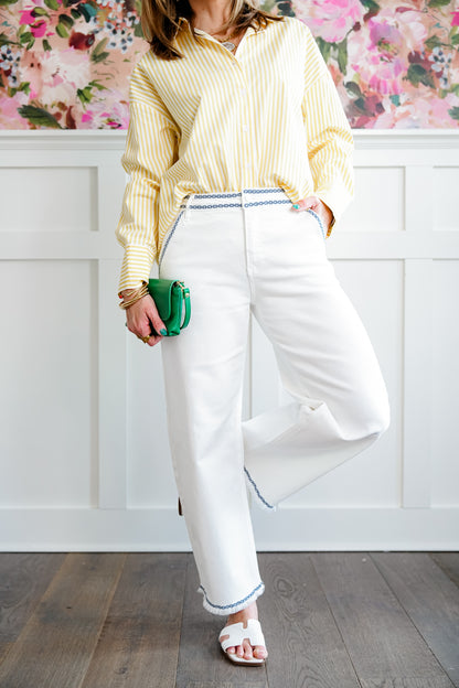 Risen High Rise Cream Tummy Control Embroidered Barrel Jeans - Freckled Poppy
