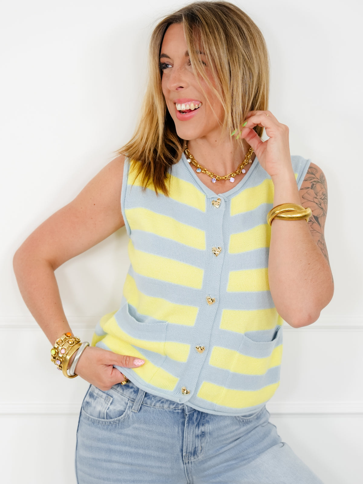 Stripe Sweater Vest with Heart Buttons - Freckled Poppy