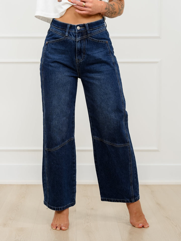 Saige High Rise Dark Wash Tummy Control Low Curve Barrel Jeans - Freckled Poppy