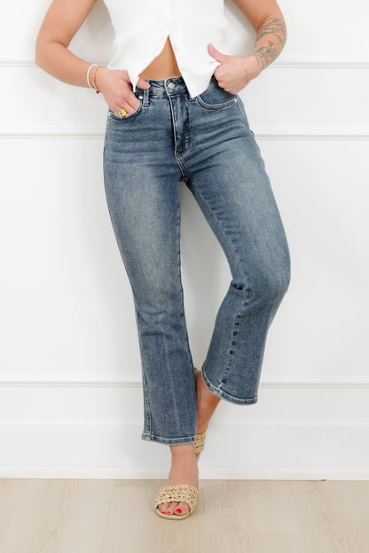 Judy Blue High Rise Medium Wash Tummy Control Kick Flare Jeans - Freckled Poppy