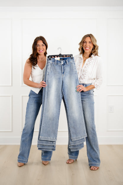 Judy Blue The Destiny High Rise Light Wash Multiple Inseam Wide Leg Trouser Jeans - Freckled Poppy