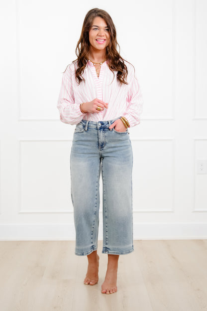 Judy Blue Mid Rise Medium Wash Cropped Wide Leg Jeans - Freckled Poppy