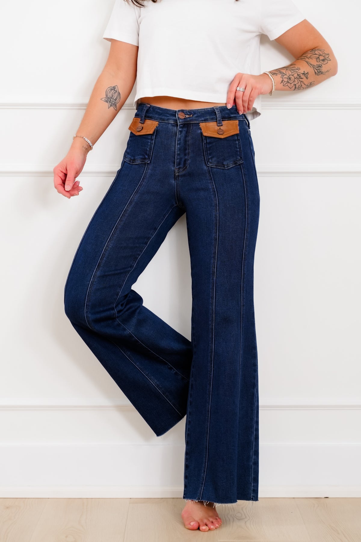 Risen High Rise Dark Wash Wide Flare Jeans with Leather Pocket Flap - Freckled Poppy