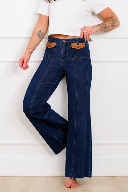Risen High Rise Dark Wash Wide Flare Jeans with Leather Pocket Flap - Freckled Poppy