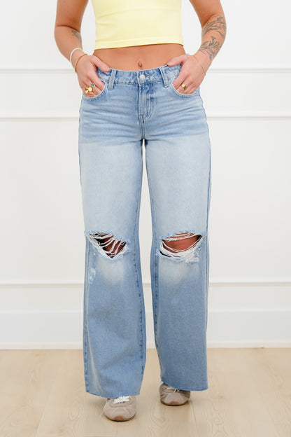 Cello Low Rise Light Wash Distressed Wide Leg Jeans - Freckled Poppy