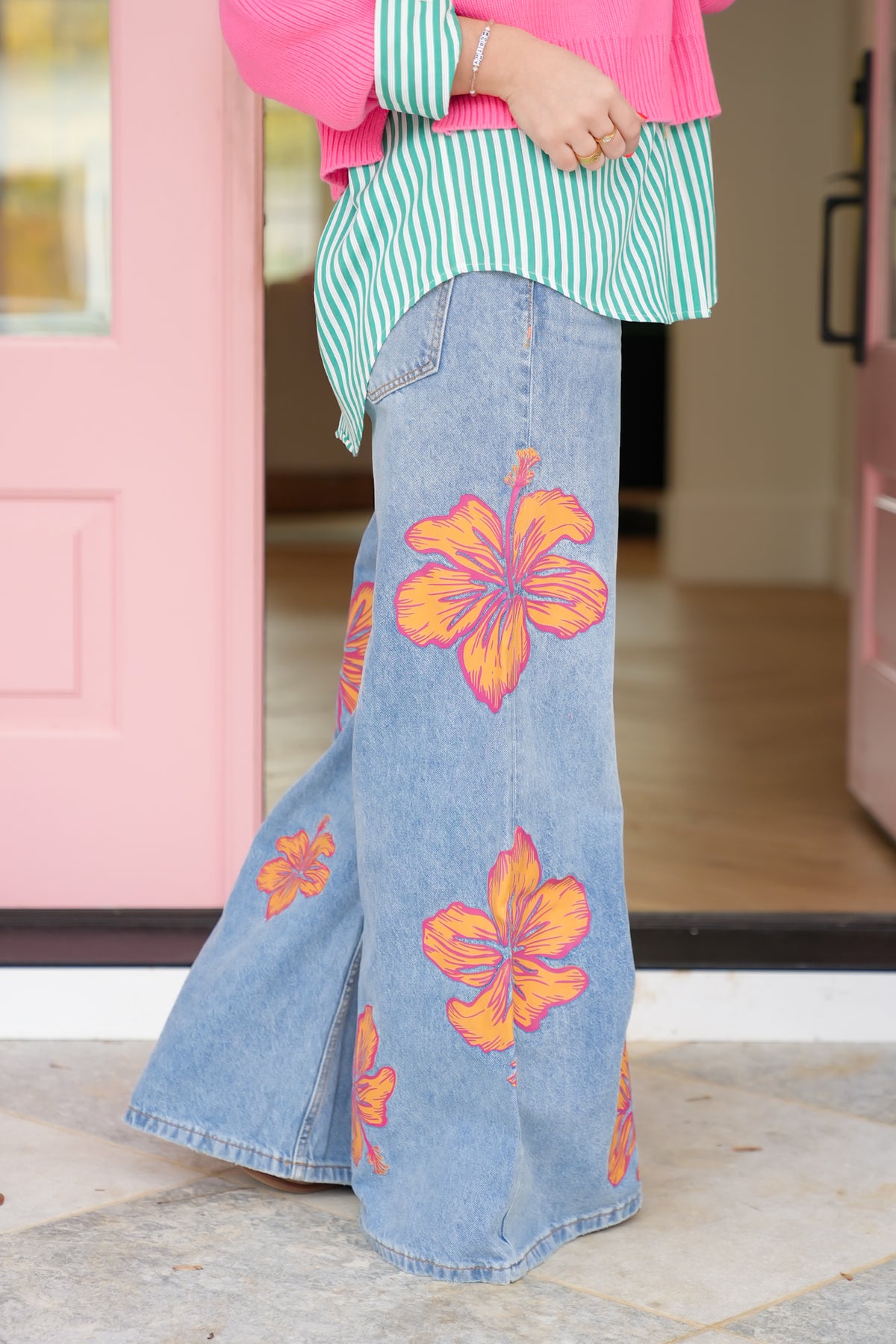 Multi-Inseam Hibiscus Print High Waist Wide Leg Denim Jeans - Freckled Poppy