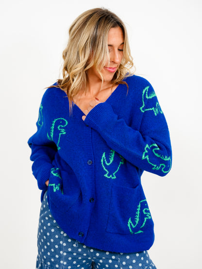 Plus/Reg Dinosaur Pattern Button Down Cardigan With Pockets - Freckled Poppy