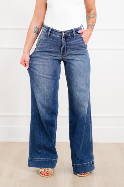 Judy Blue The Rory Petite/Reg Mid Rise Dark Wash Retro Wide Leg Trouser Jeans - Freckled Poppy