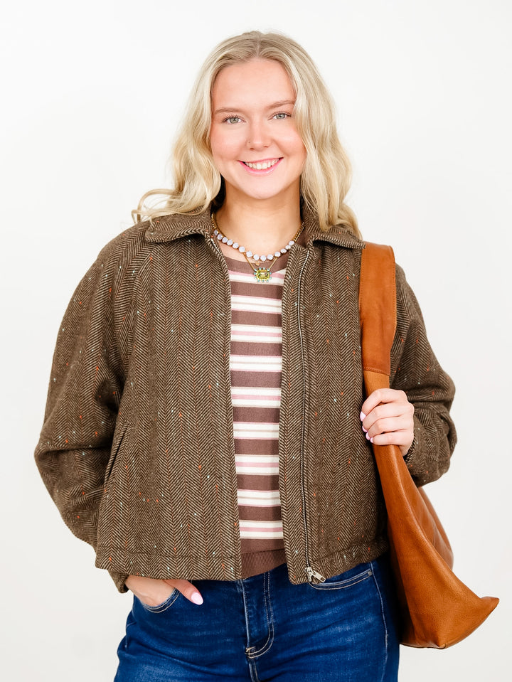 Plus/Reg Herringbone Tweed Zip Up Bomber Jacket - Freckled Poppy