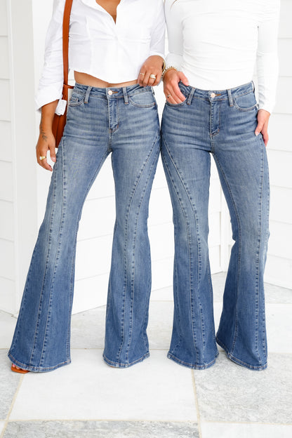 Restock! Judy Blue Golden Hour Mid Rise Flare Jeans with Double Angular Seam - Freckled Poppy