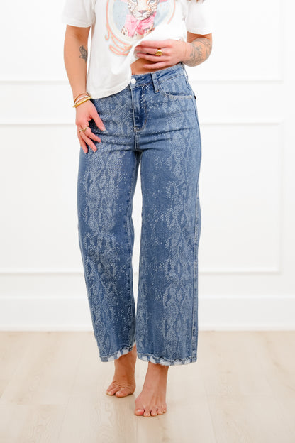 Judy Blue High Rise Snake Print Wide Leg Ankle Jeans - Freckled Poppy