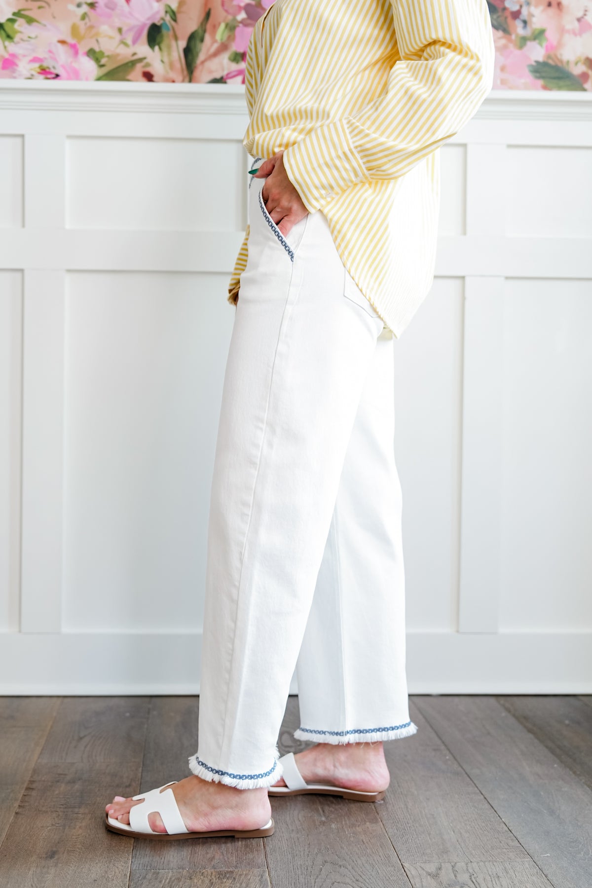 Risen High Rise Cream Tummy Control Embroidered Barrel Jeans - Freckled Poppy