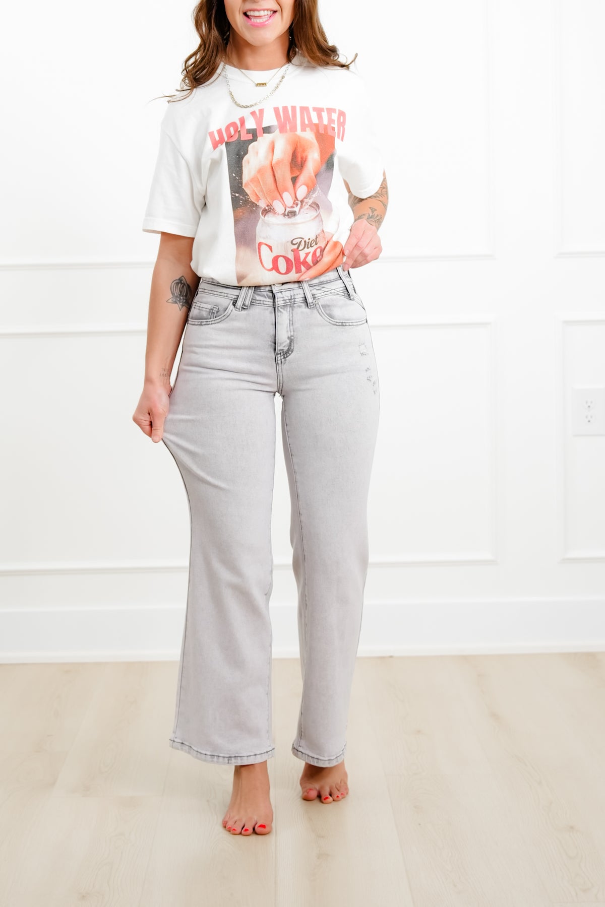 Saige High Rise Grey Acid Wash Tummy Control Wide Leg Jeans - Freckled Poppy