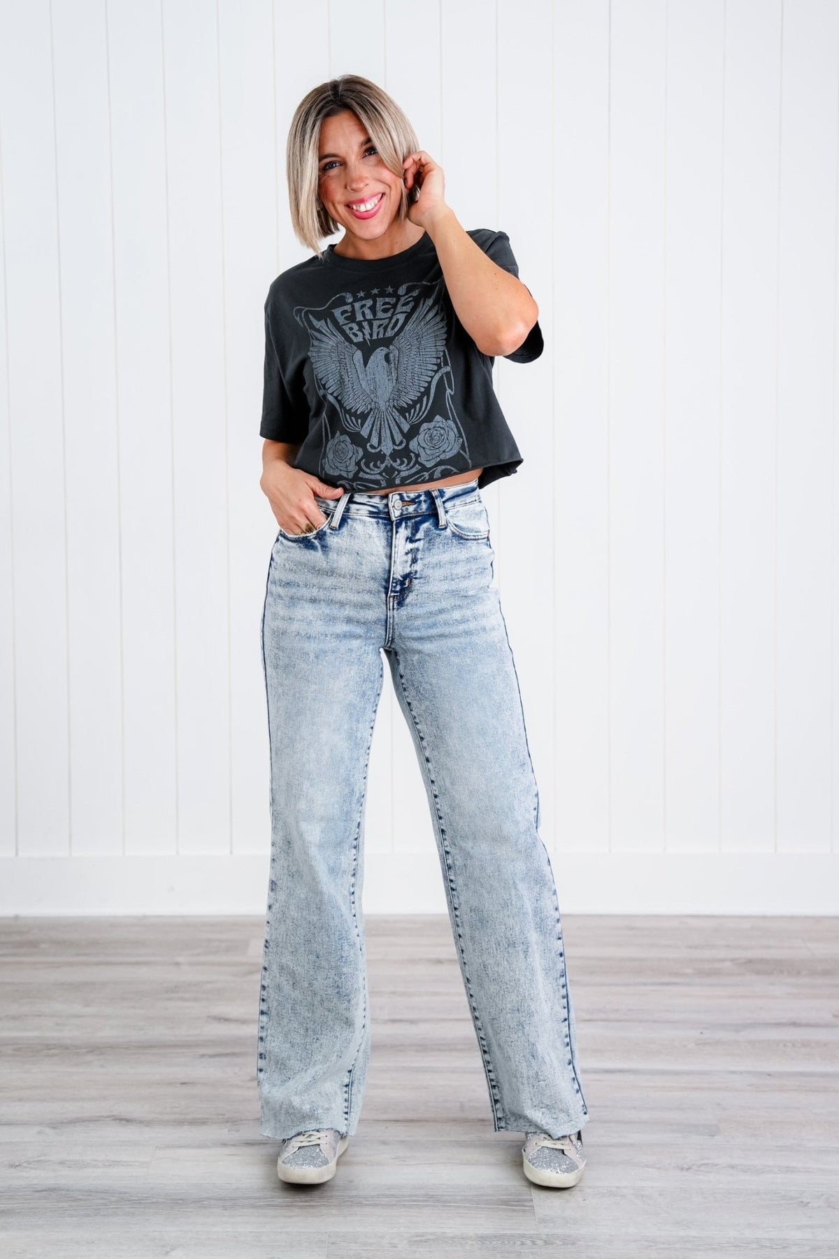 Judy Blue Bad Blood High Rise Light Mineral Wash Raw Hem Wide Leg Jeans - Freckled Poppy