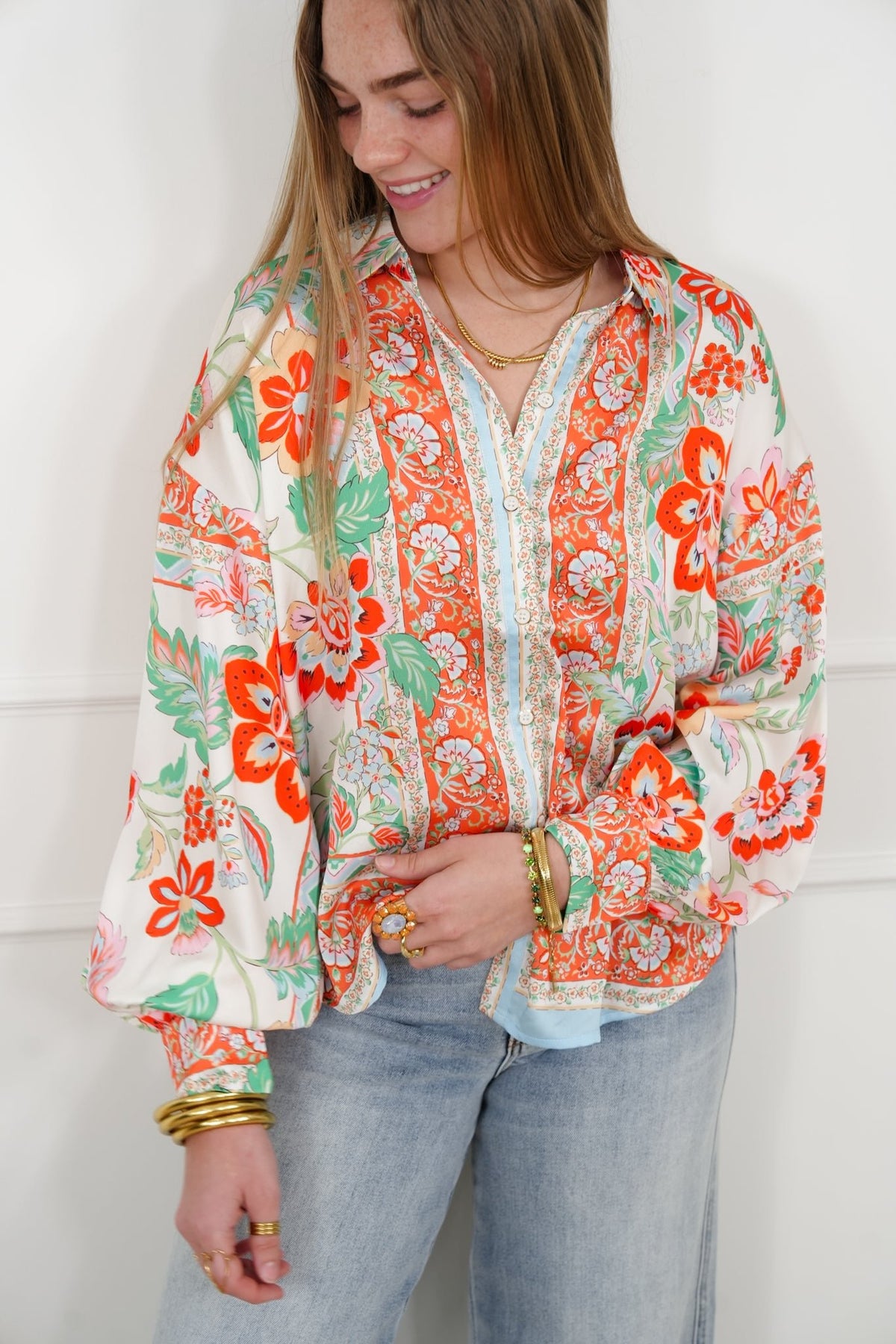 Floral Pattern Long Sleeve Button Up Blouse - Freckled Poppy