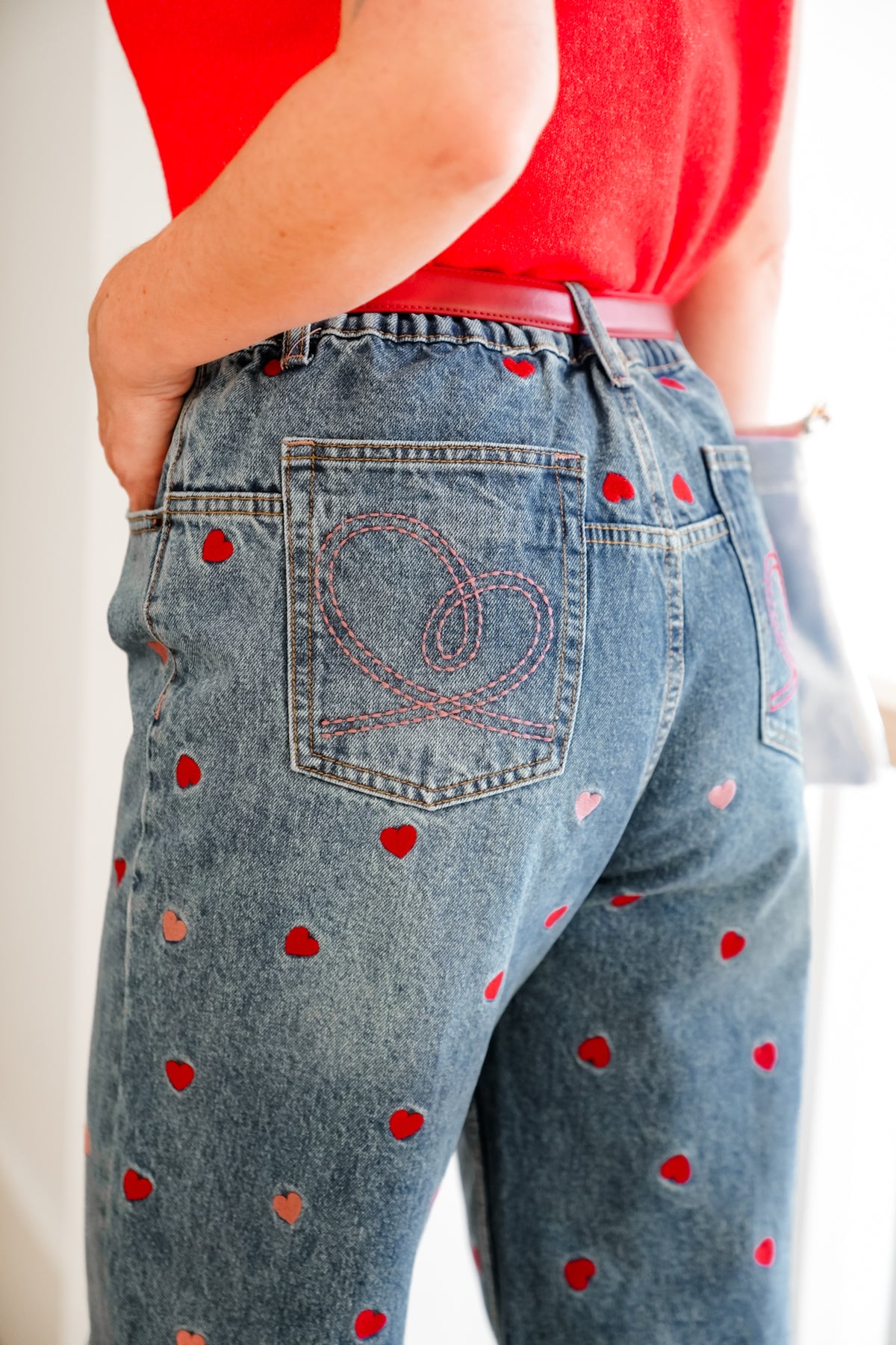 Medium Washed High Rise Embroidered Hearts Jeans - Freckled Poppy