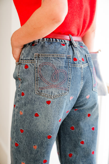 Medium Washed High Rise Embroidered Hearts Jeans - Freckled Poppy