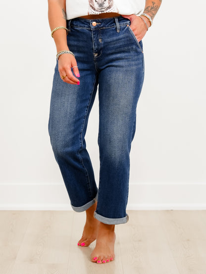 Risen Mid Rise Dark Wash Slouchy Cuffed Boyfriend Jeans - Freckled Poppy