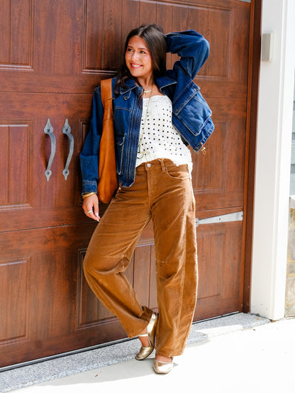 Risen High Rise Brown Corduroy Barrel Pants - Freckled Poppy