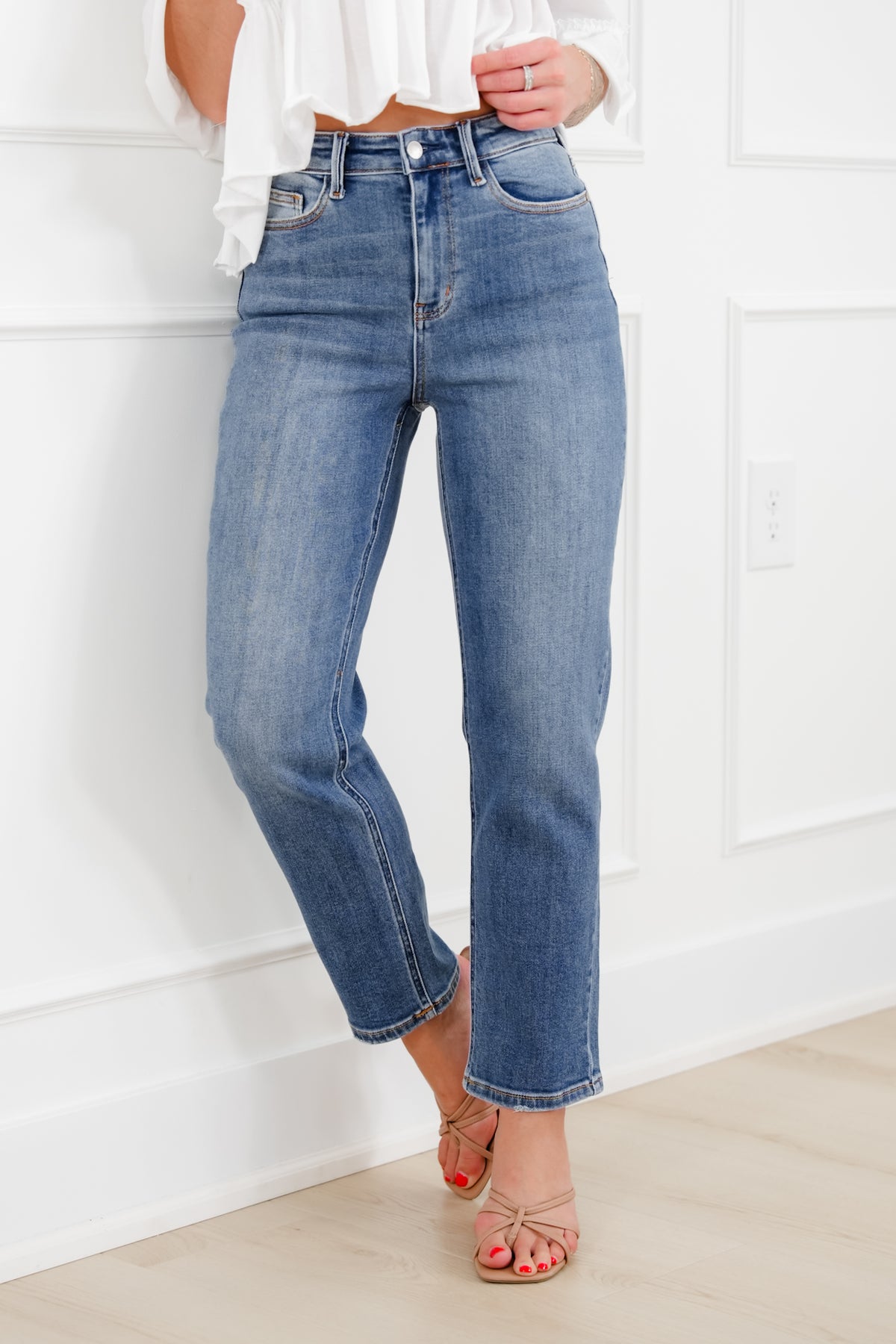Judy Blue High Rise Medium Wash Ankle Length Straight Leg Jeans - Freckled Poppy