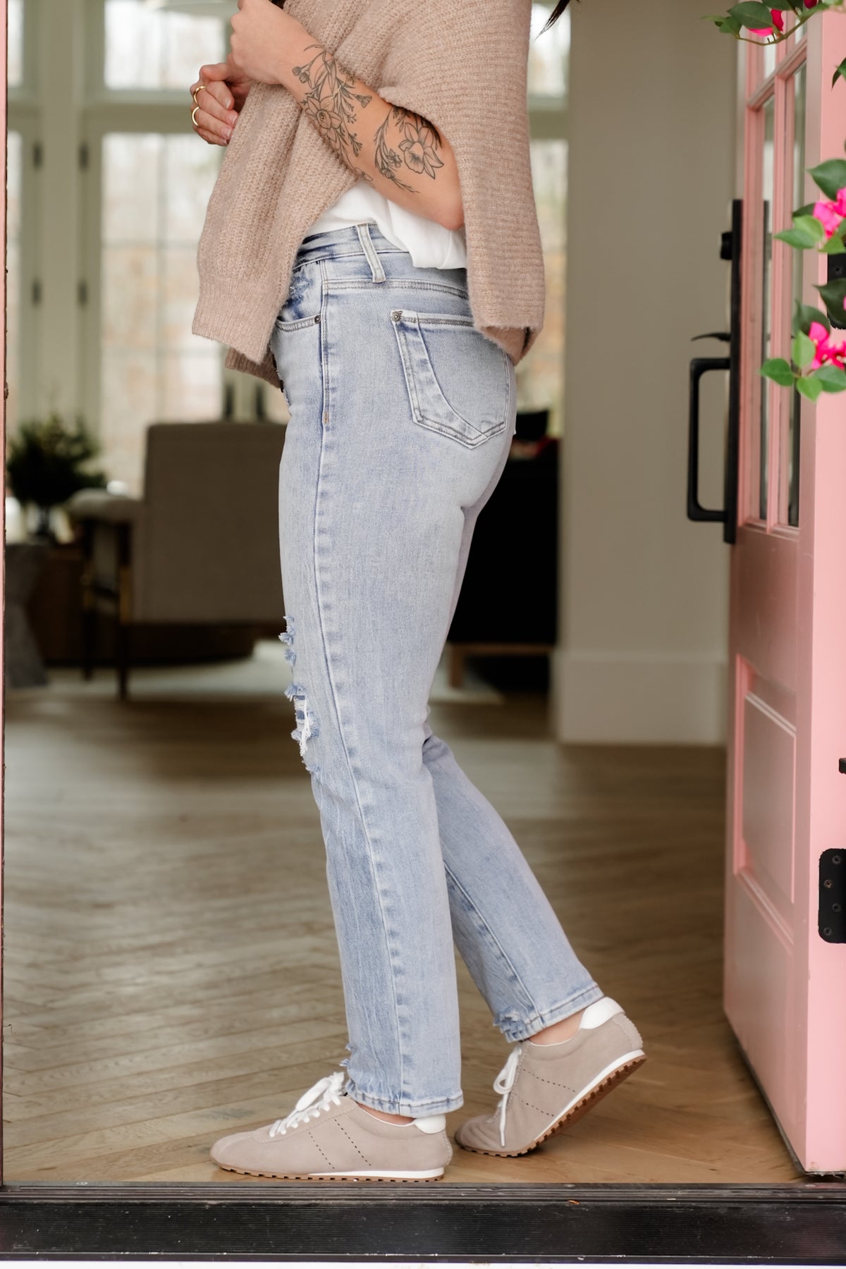 Saige High Rise Medium Wash Tummy Control Button Fly Cropped Slim Straight Leg Jeans - Freckled Poppy