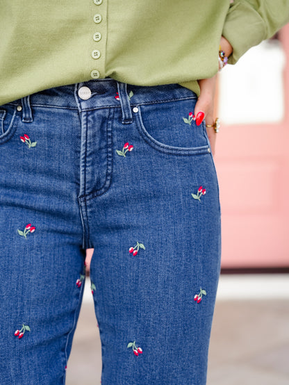 Risen High Rise Dark Wash Tummy Control Straight Leg Jeans With Embroidered Cherries - Freckled Poppy