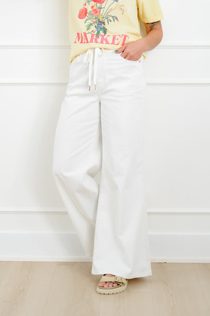 Judy Blue The Sunday Stroll High Rise Multiple Inseam White Featherweight Palazzo Jeans with Elastic Waistband - Freckled Poppy