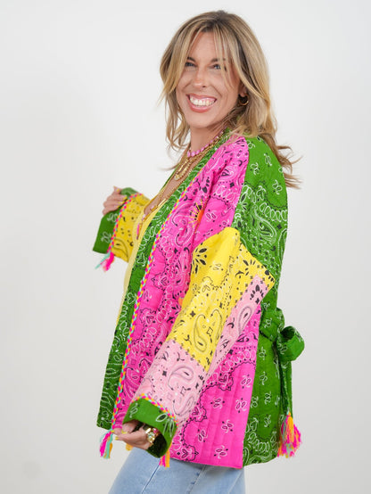 POL Quilted Patchwork Print Long Sleeve Kimono Jacket - Freckled Poppy