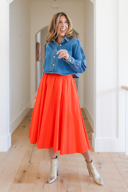 Medium Wash Long Sleeve Button Down Cropped Jacket - Freckled Poppy
