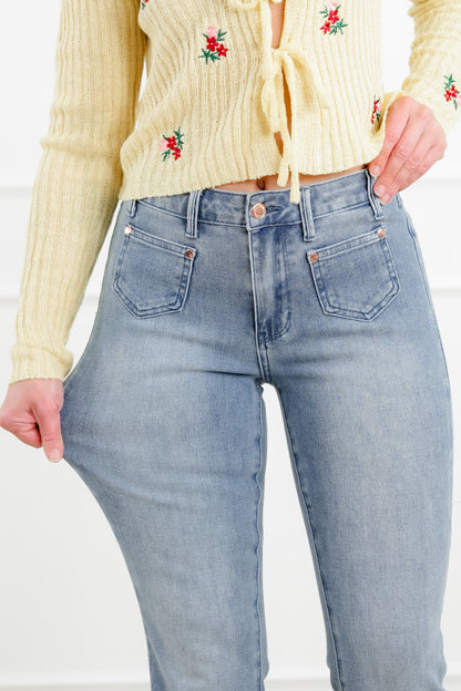 Judy Blue Sunday Stroll Mid Rise Medium Wash Bootcut Jeans with Front Patch Pockets - Freckled Poppy