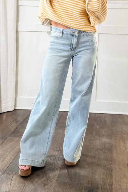 Judy Blue High Rise Light Wash Distressed Criss Cross Waistband Retro Wide Leg Jeans - Freckled Poppy
