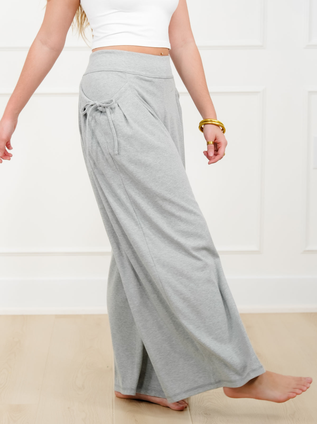 Ribbed Elastic Waist Wide Leg Knit Pants - Freckled Poppy