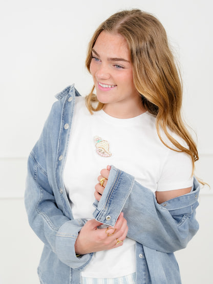 White Short Sleeve Top with Beaded Seashell - Freckled Poppy