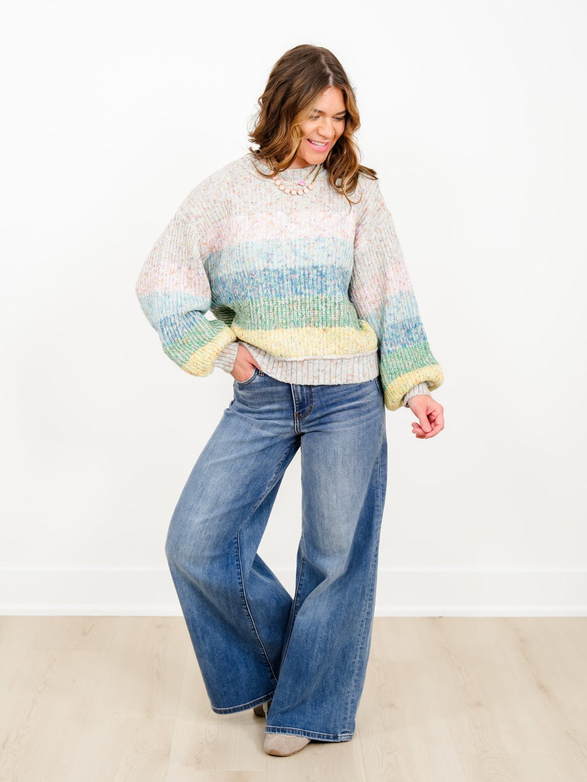 POL Rainbow Stripe Long Sleeve Pullover Sweater - Freckled Poppy