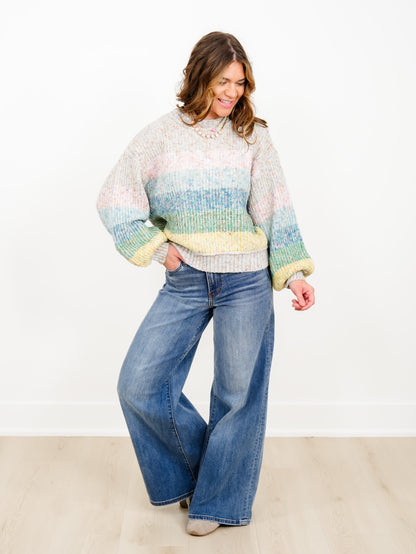 POL Rainbow Stripe Long Sleeve Pullover Sweater - Freckled Poppy