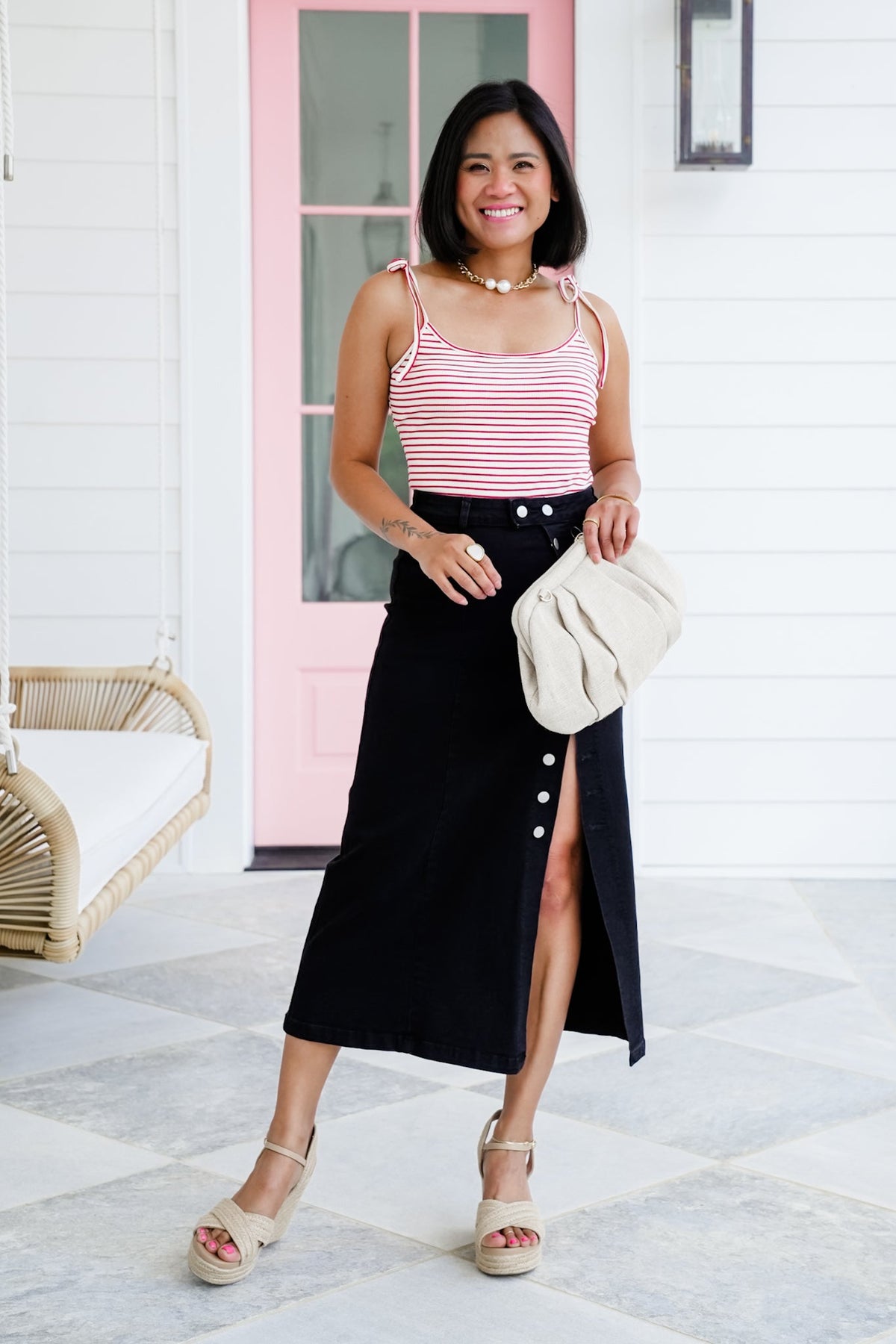 Stripe Sleeveless Shoulder Tie Bodysuit - Freckled Poppy