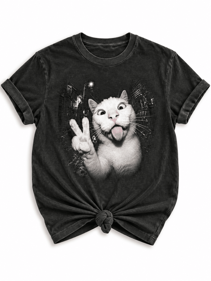 Plus/Reg Short Sleeve Playful Peace Sign Cat Graphic Tee - Freckled Poppy