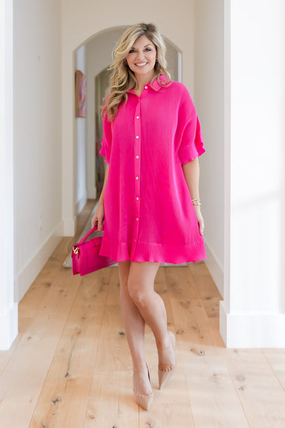 Pink Pleated Short Sleeve Button Down Mini Dress - Freckled Poppy