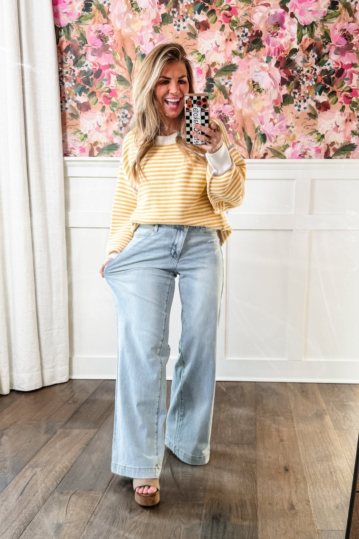 Judy Blue High Rise Light Wash Distressed Criss Cross Waistband Retro Wide Leg Jeans - Freckled Poppy