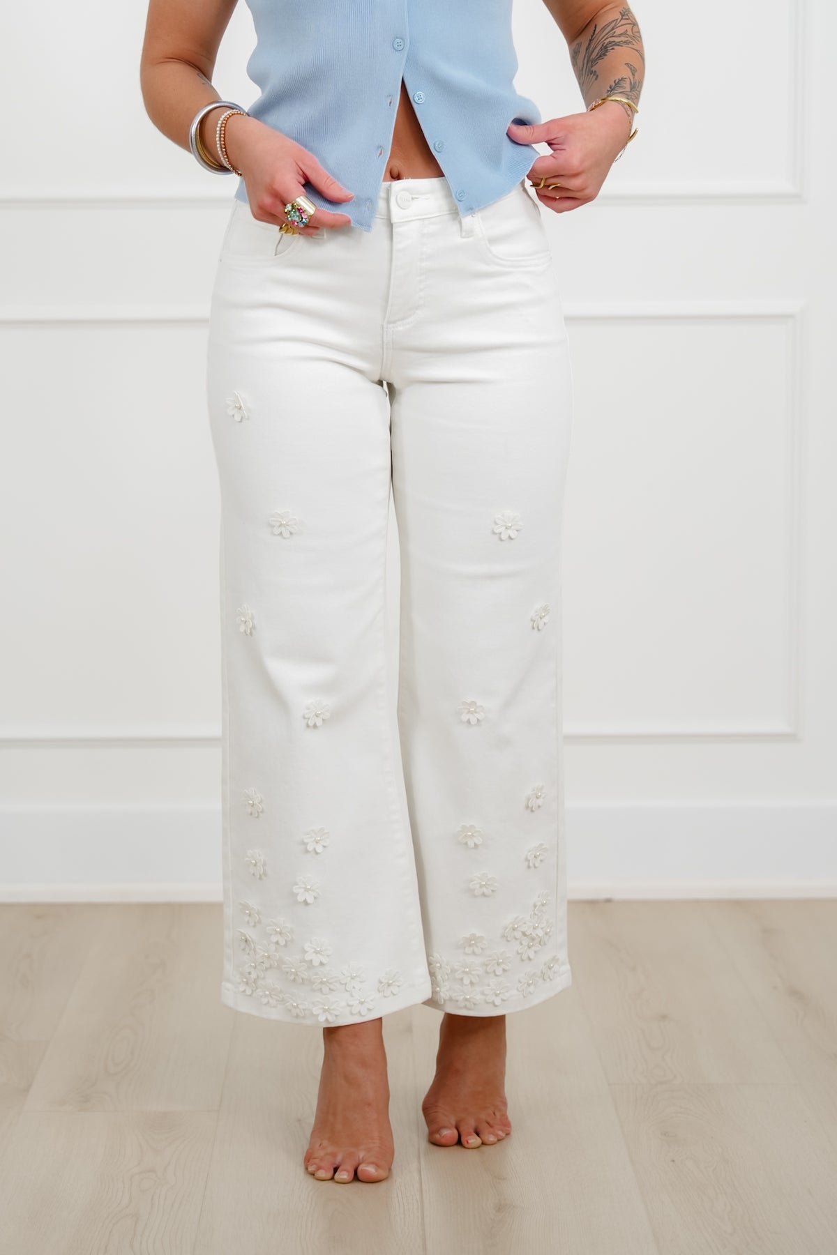 Risen Mid Rise Cream Tummy Control Wide Leg Jeans with Flowers - Freckled Poppy