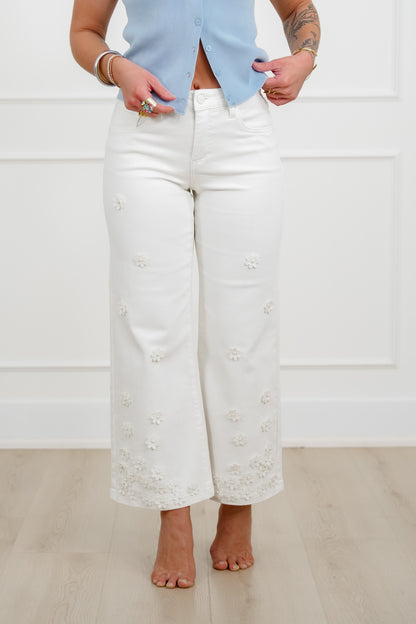 Risen Mid Rise Cream Tummy Control Wide Leg Jeans with Flowers - Freckled Poppy