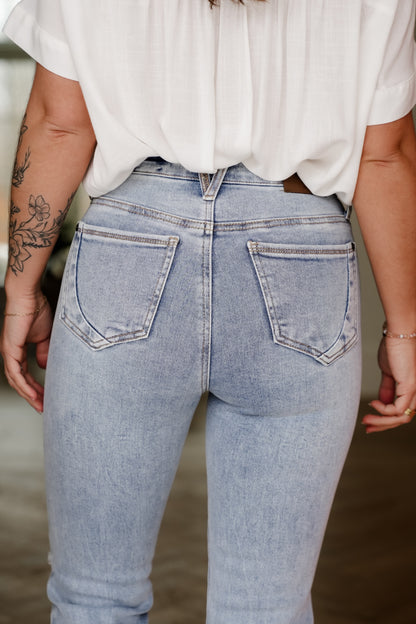Saige High Rise Medium Wash Tummy Control Button Fly Cropped Slim Straight Leg Jeans - Freckled Poppy