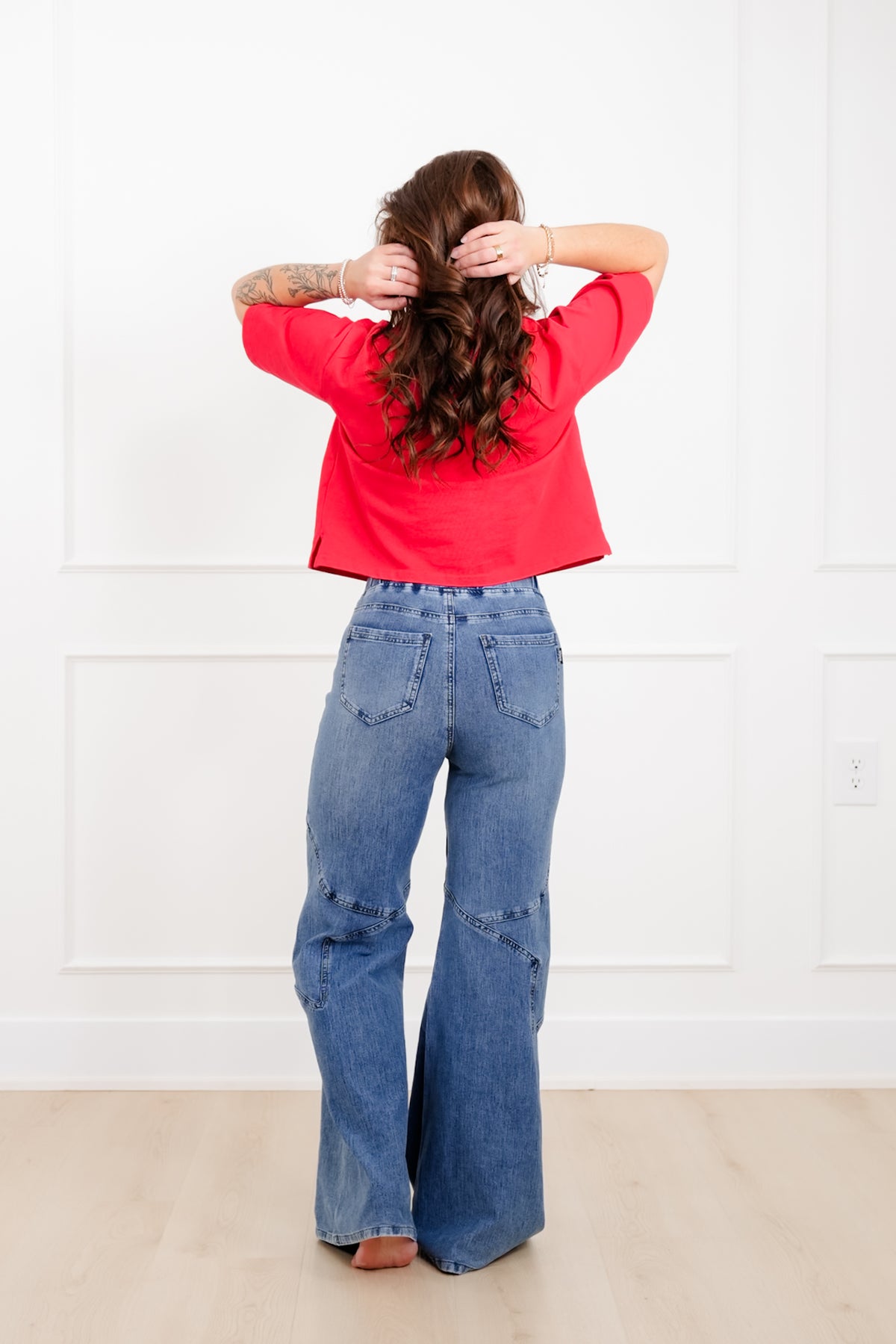 Plus/Reg Saige High Rise Medium Wash Pull On Star Wide Leg Knit Jeans - Freckled Poppy