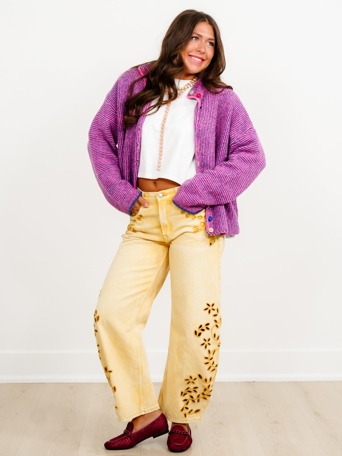 Striped Long Sleeve Mock Neck Sweater Cardigan With Colorful Buttons - Freckled Poppy