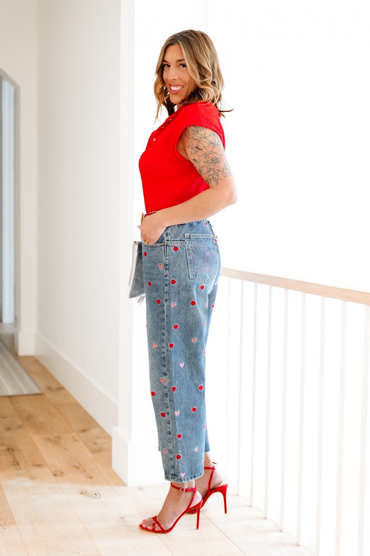 Medium Washed High Rise Embroidered Hearts Jeans - Freckled Poppy